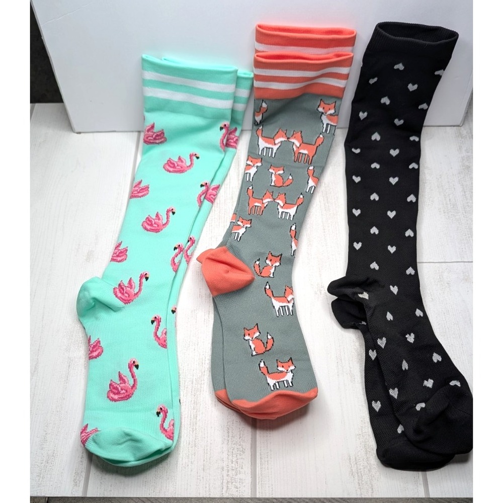 Lot of 5 pairs Women's knee-high novelty socks Flamingo Fox Dog Cat Hearts - Picture 3 of 4